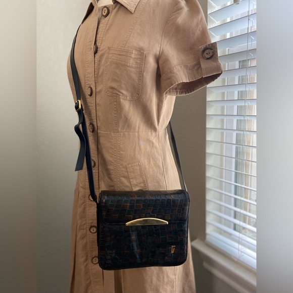 Vintage Franco Visconti Snake Print Leather Crossbody Handbag Purse Gold Tone - Picture 1 of 15